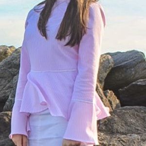 Elegant flounce sleeve/ ruffle light pink & white pin-striped shirt